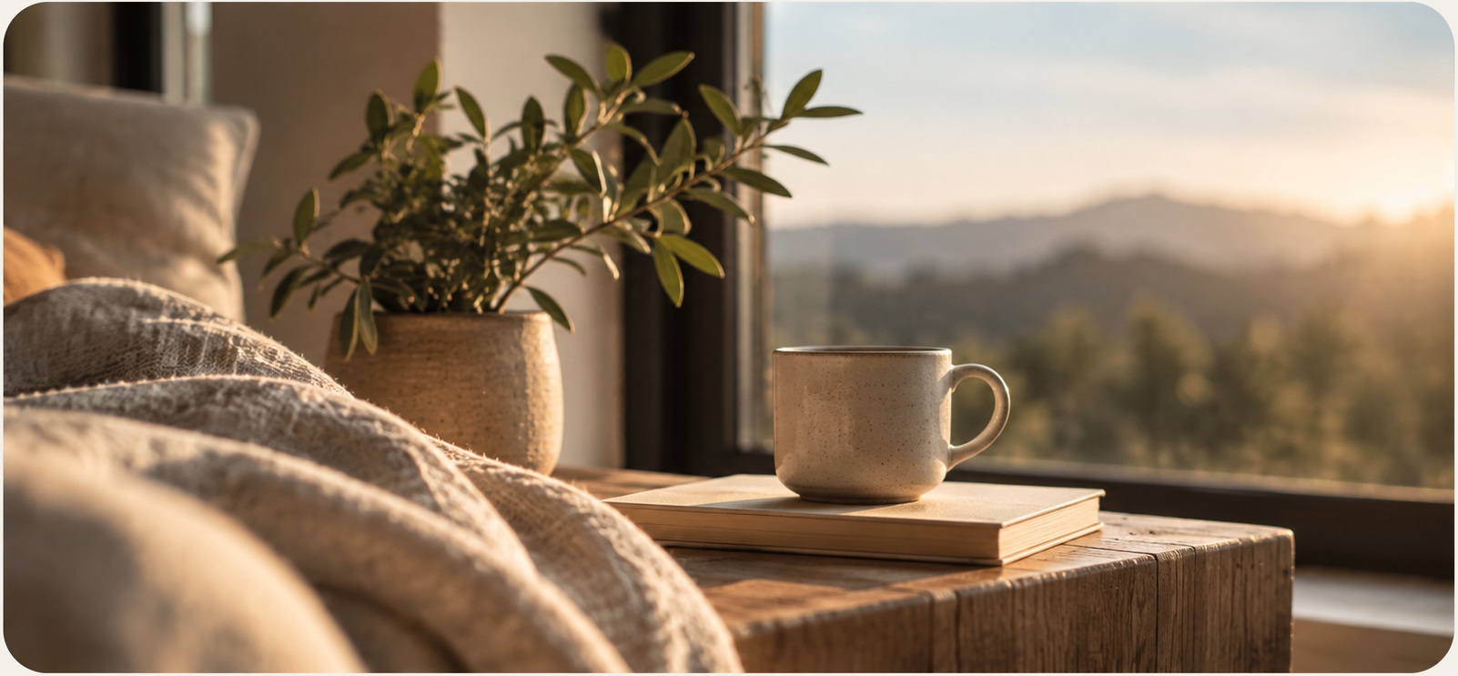 A calm sunlit room with a plant, books and soft natural light