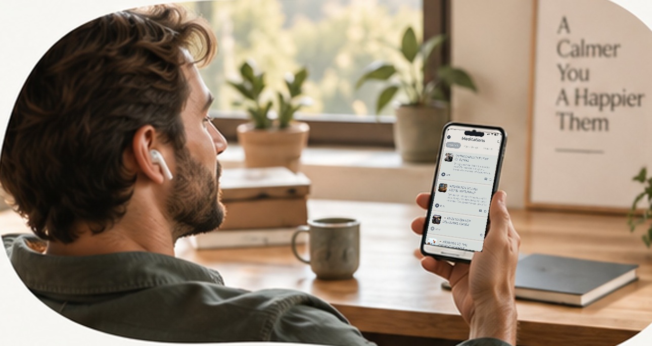 A man taking a mindful break from work with Now on his phone and wireless earbuds