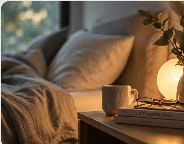 A calm bedroom at dusk with warm bedside light, a ceramic cup, books and glasses