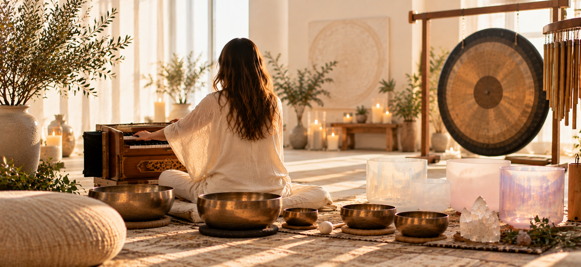A warm listening space with headphones, a turntable, a singing bowl and soft natural light